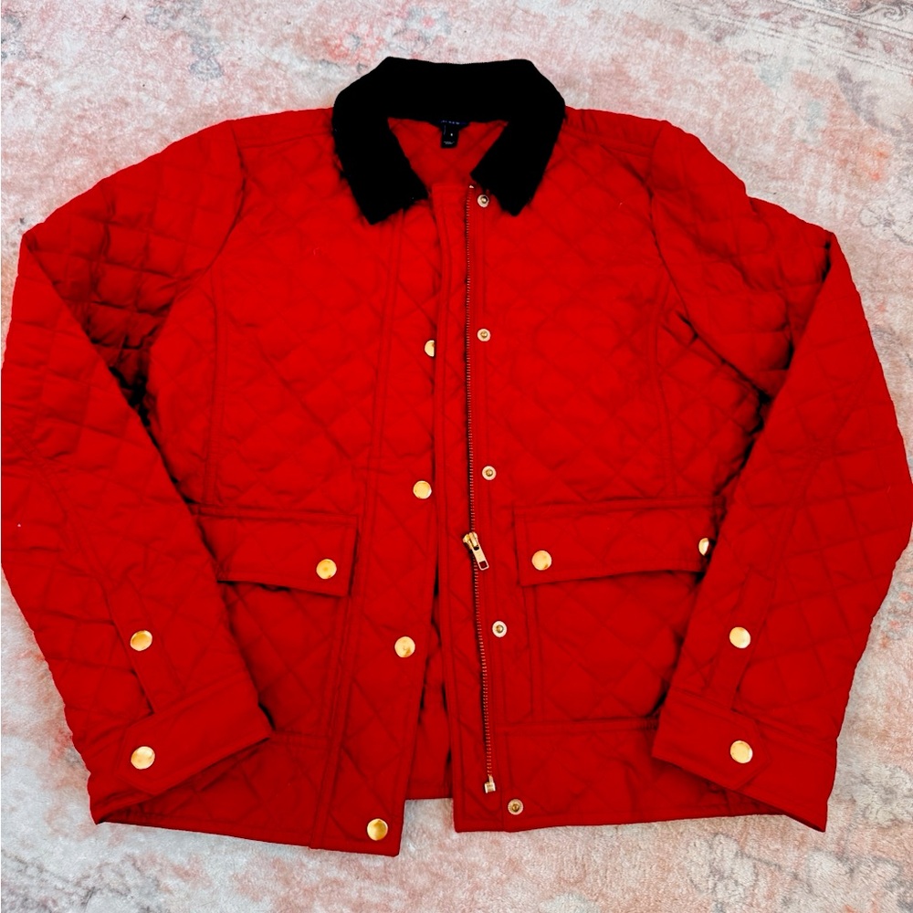 Red Quilted J CrewJacket with Black Collar

#jcrew